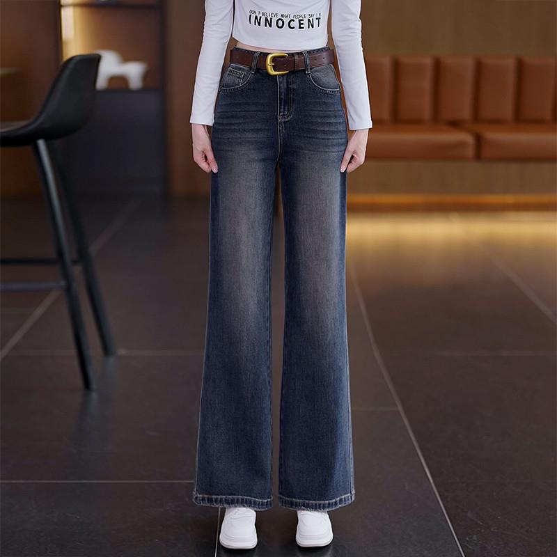 极速复古阔腿微喇牛仔裤子女秋季新款高腰宽松垂感A版拖地直筒喇