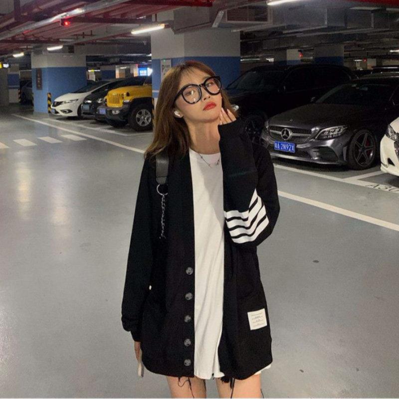 新品tb开衫卫衣女春秋欧货漂亮中长款上衣时尚学院风四条杠单排扣