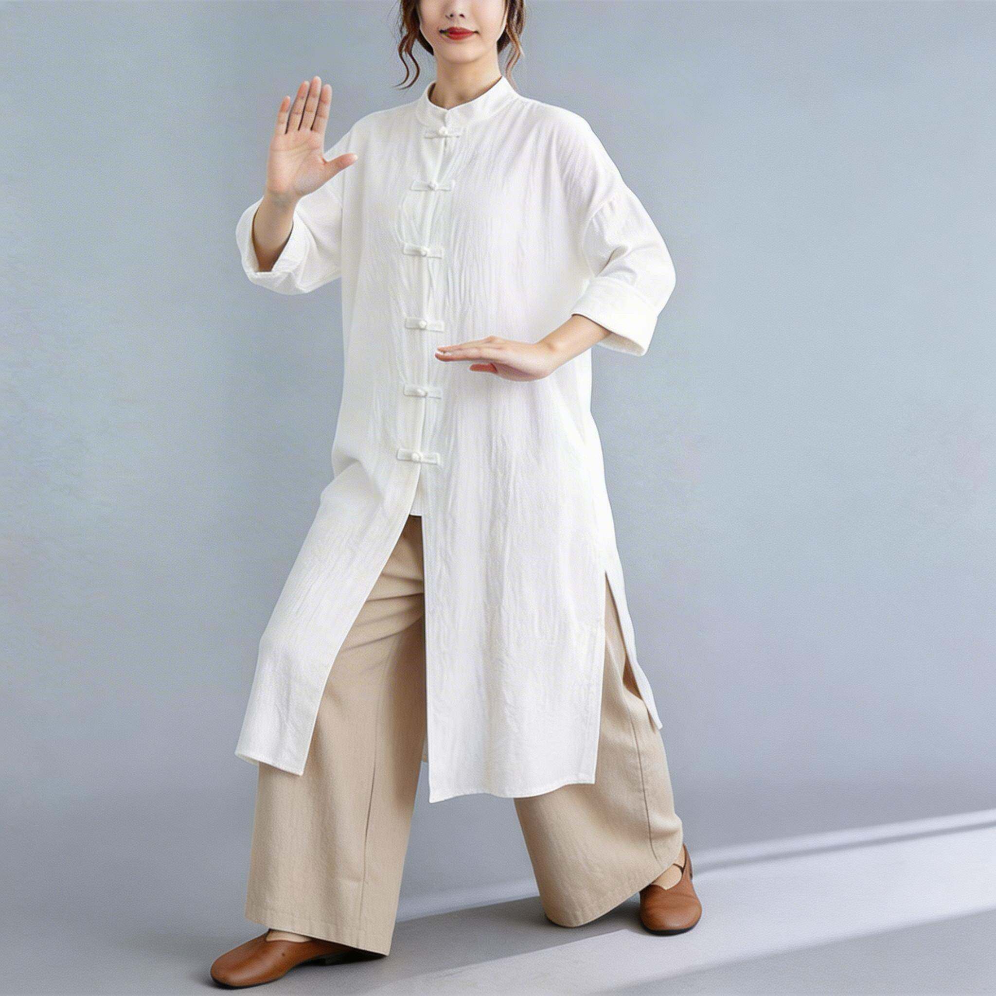 新品长袖中长款盘扣开衫袍子茶服衫春秋棉麻套装八段锦晨练太极练