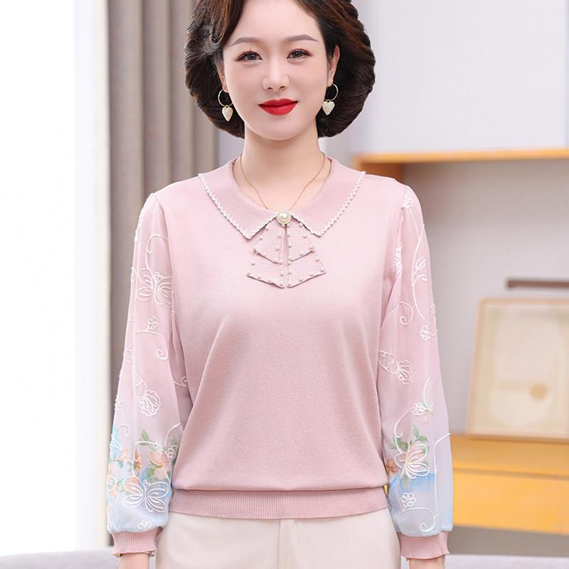 新品妈妈春装新款针织小衫中老年人女时尚七分袖春秋薄冰丝上衣T