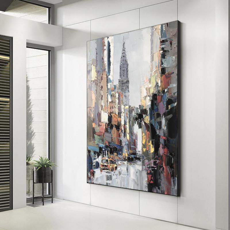 现货手绘油画城市玄关背景墙装饰画现代抽象立体轻奢挂画餐厅客厅图片