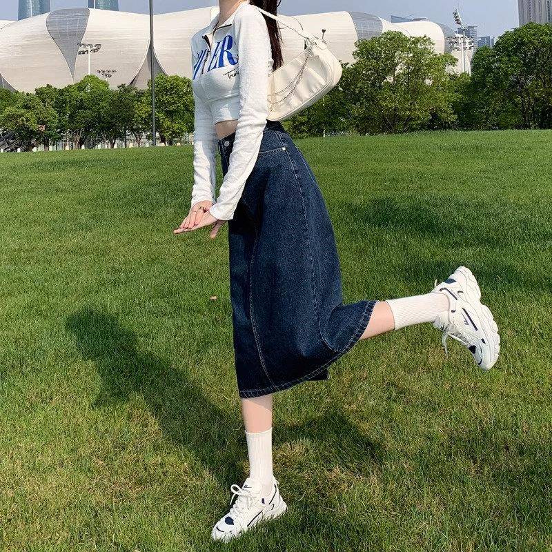 新品深蓝色开叉牛仔半身裙女2026春秋新款小个子中长款显瘦a字包