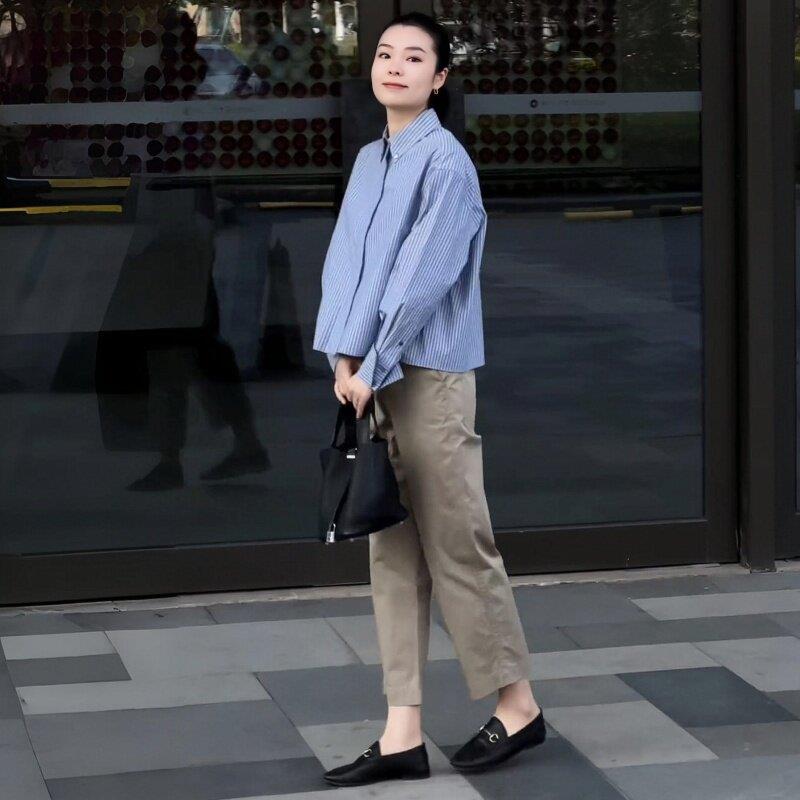 新品法式时尚职业套装女士春秋装新款条纹衬衣休闲裤子减龄穿搭两