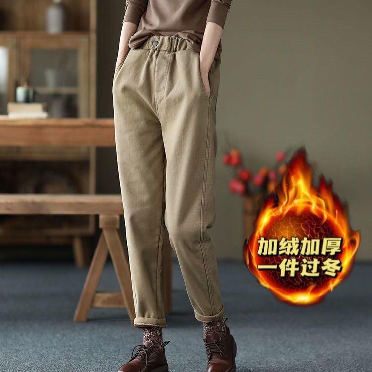 新品2026新款全棉加厚裤子休闲裤女冬季松紧腰加绒哈伦裤纯色外穿
