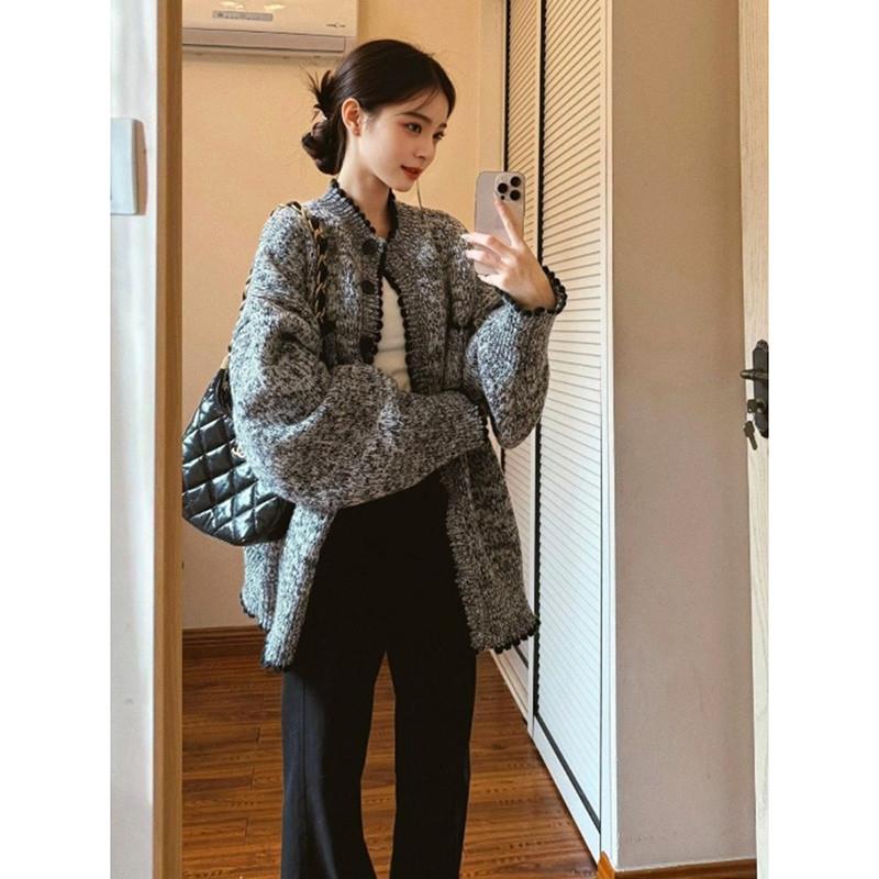 极速韩系高级感灰色中长款毛衣外套女秋冬软糯慵懒老钱风宽松针织