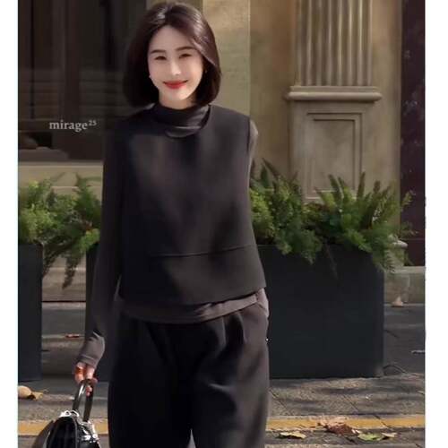 新品极简风时尚套装女2026秋季新款马甲+打底衫+阔腿裤成熟气质三