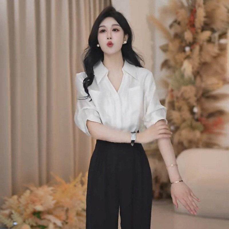 新品时尚轻奢风高级感白色POLO衬衫女秋短袖休闲衬衣宽松显瘦洋气