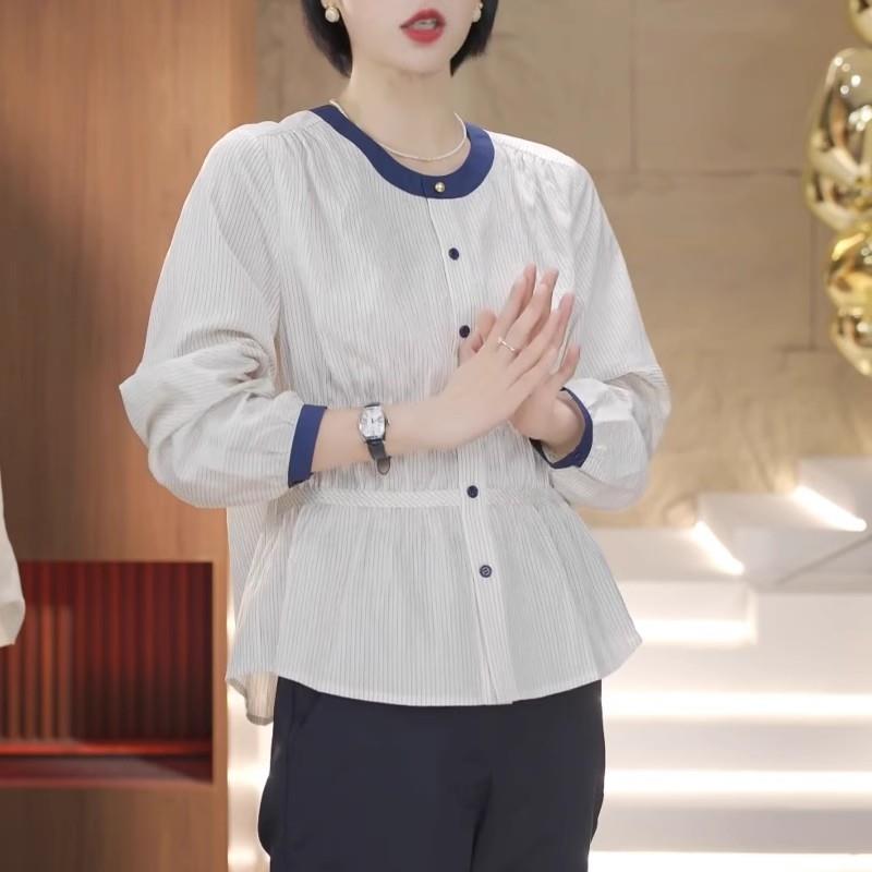 新品大码撞色竖条纹圆领长袖衬衫女秋季2026新款气质宽松打底衫上