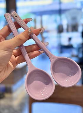 奶油风陶瓷长柄勺紫色汤匙家用甜品勺喝汤面勺饭勺子