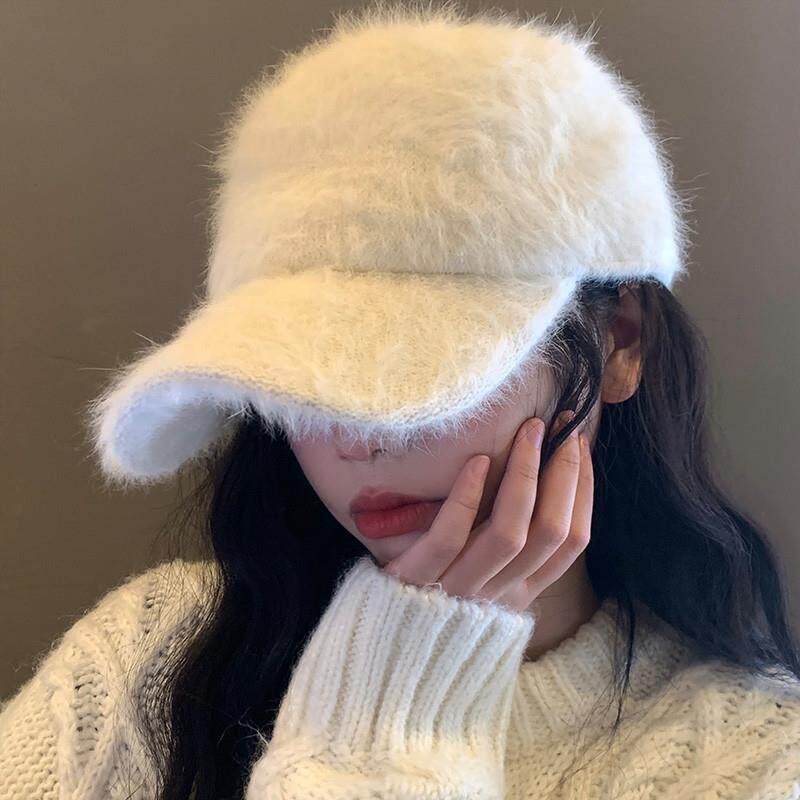 兔毛棒球帽女秋冬季韩版百搭大头围保暖鸭舌帽显脸小白色毛绒帽子