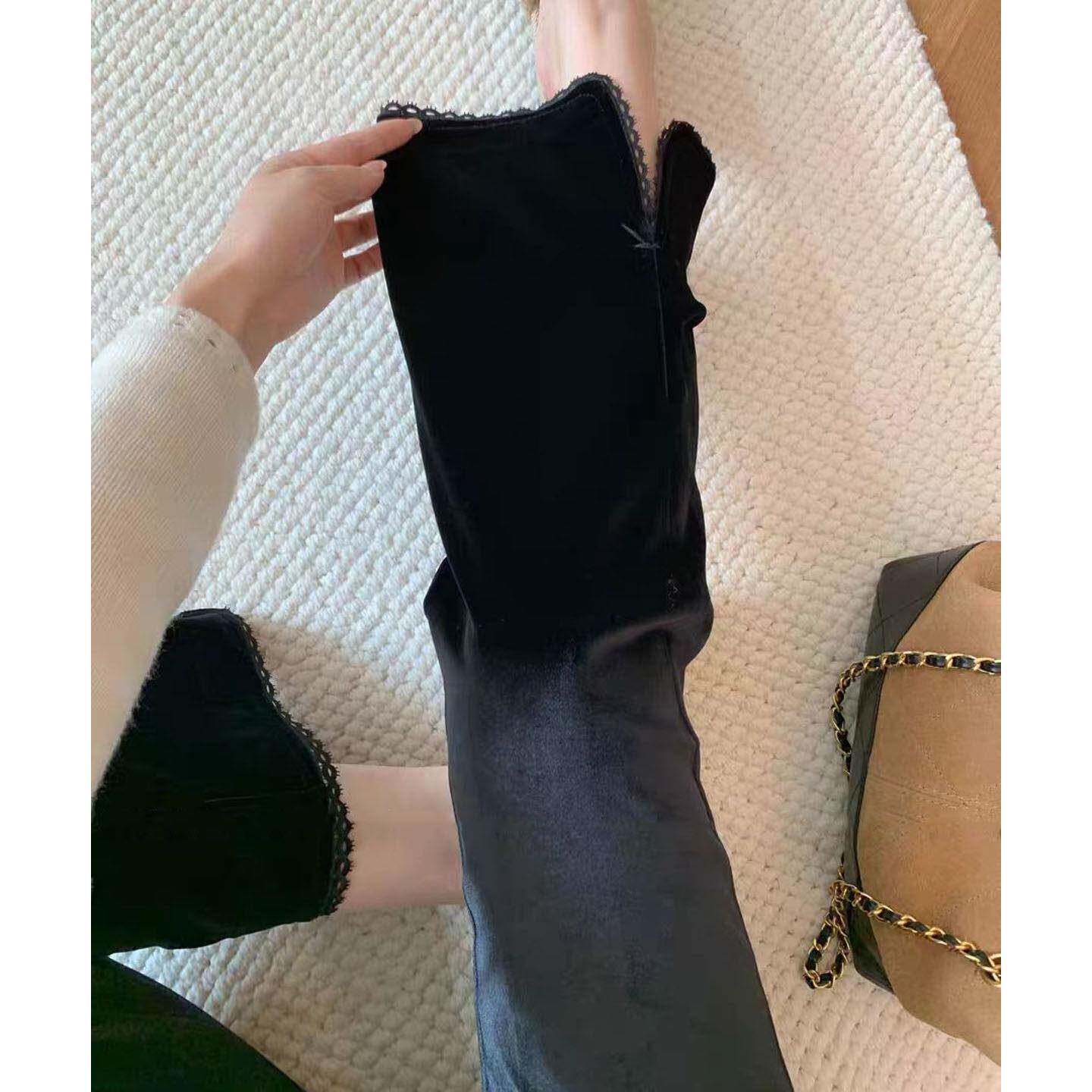 新品黑色时髦开叉花边九分丝绒微喇裤女欧洲站2026秋季修身气质裤