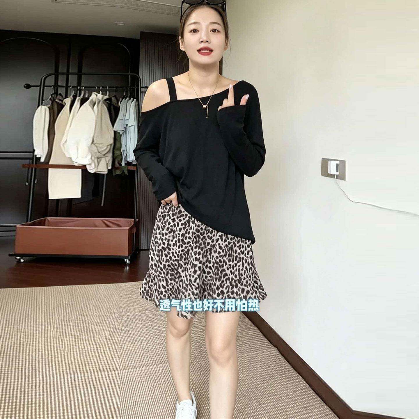 新品大码甜辣风黑色露肩T恤豹纹半身裙女秋季胖mm显瘦时尚两件套