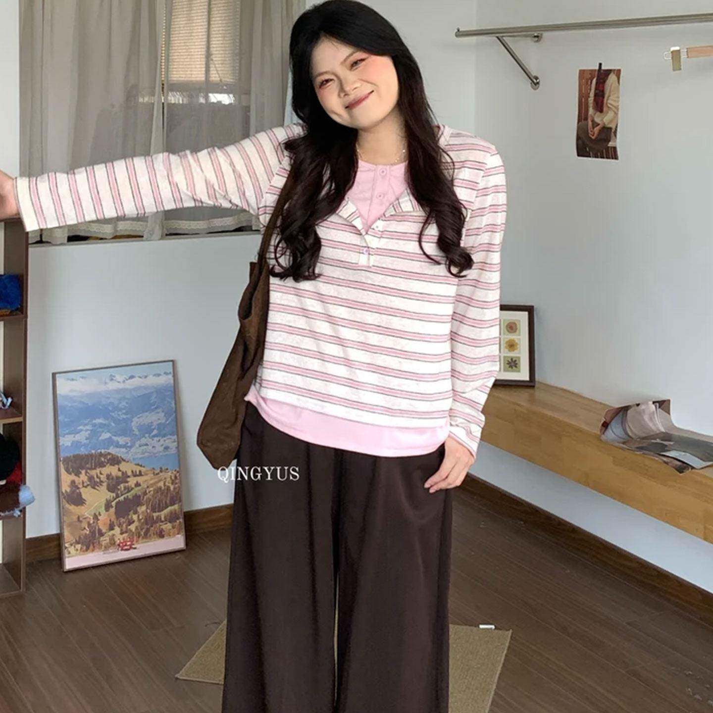 新品大码休闲风条纹长袖T恤女秋季胖mm宽松纽扣领时尚百搭显瘦上