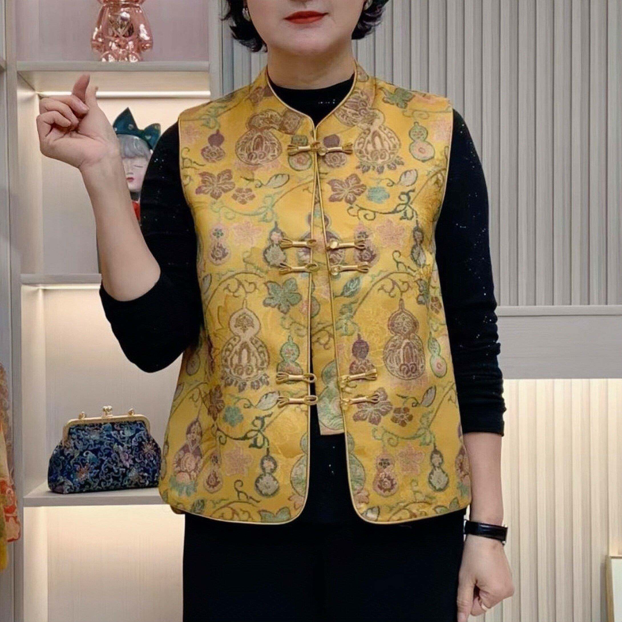 新品新中式妈妈马甲外穿洋气国风春秋薄款马夹中老年女装坎肩上衣