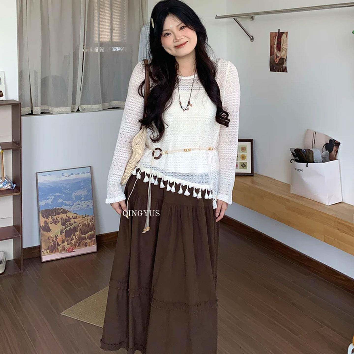 新品大码慵懒风镂空流苏罩衫吊带两件套女秋季胖mm遮肉时尚百搭套
