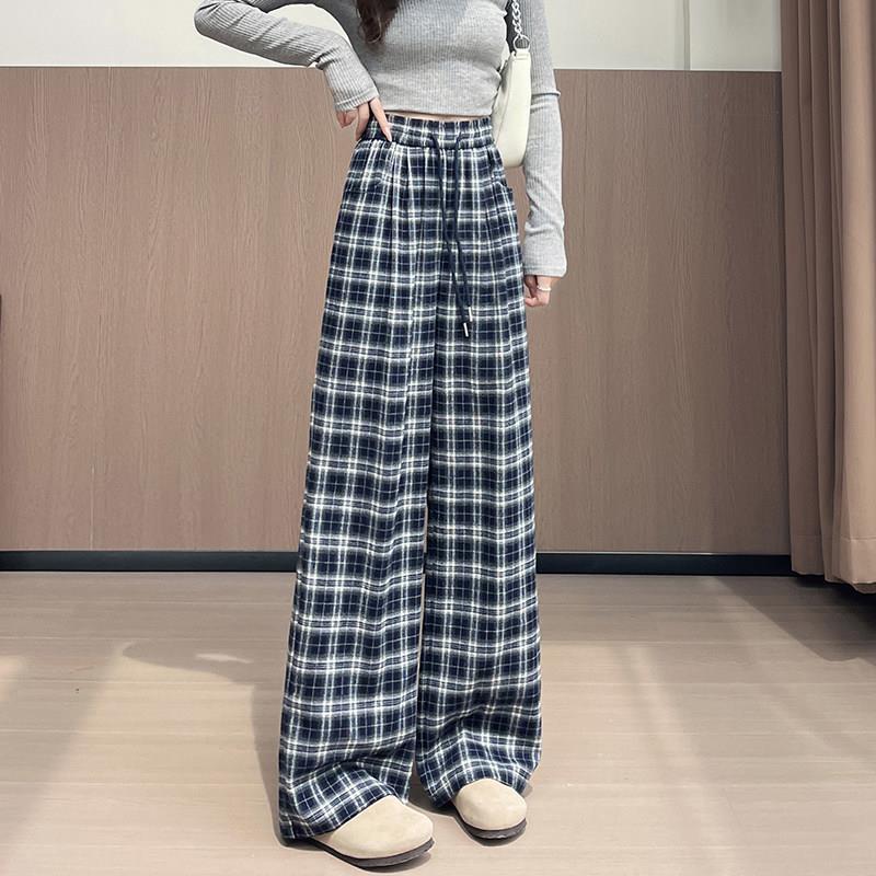 新品高个子毛呢格子阔腿裤女春秋季大码软糯慵懒遮肉显瘦加绒直筒