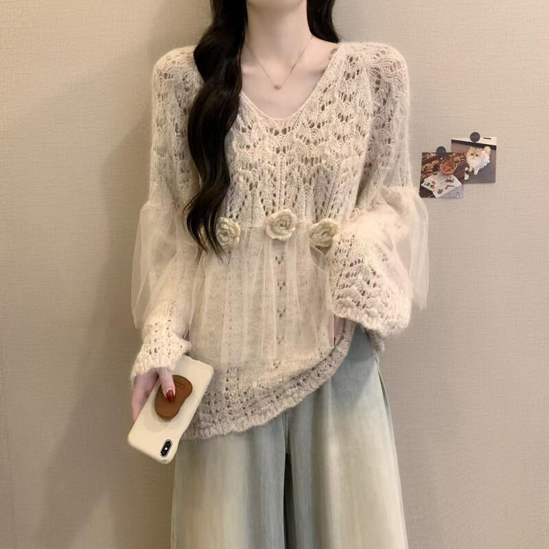 新品立体花朵镂空V领针织衫毛衣女春秋2025大码胖mm法式网纱拼接