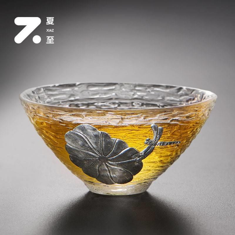 玻璃小茶杯功夫茶杯主人杯单只单杯加厚日式锤纹镶锡品茗杯主人杯