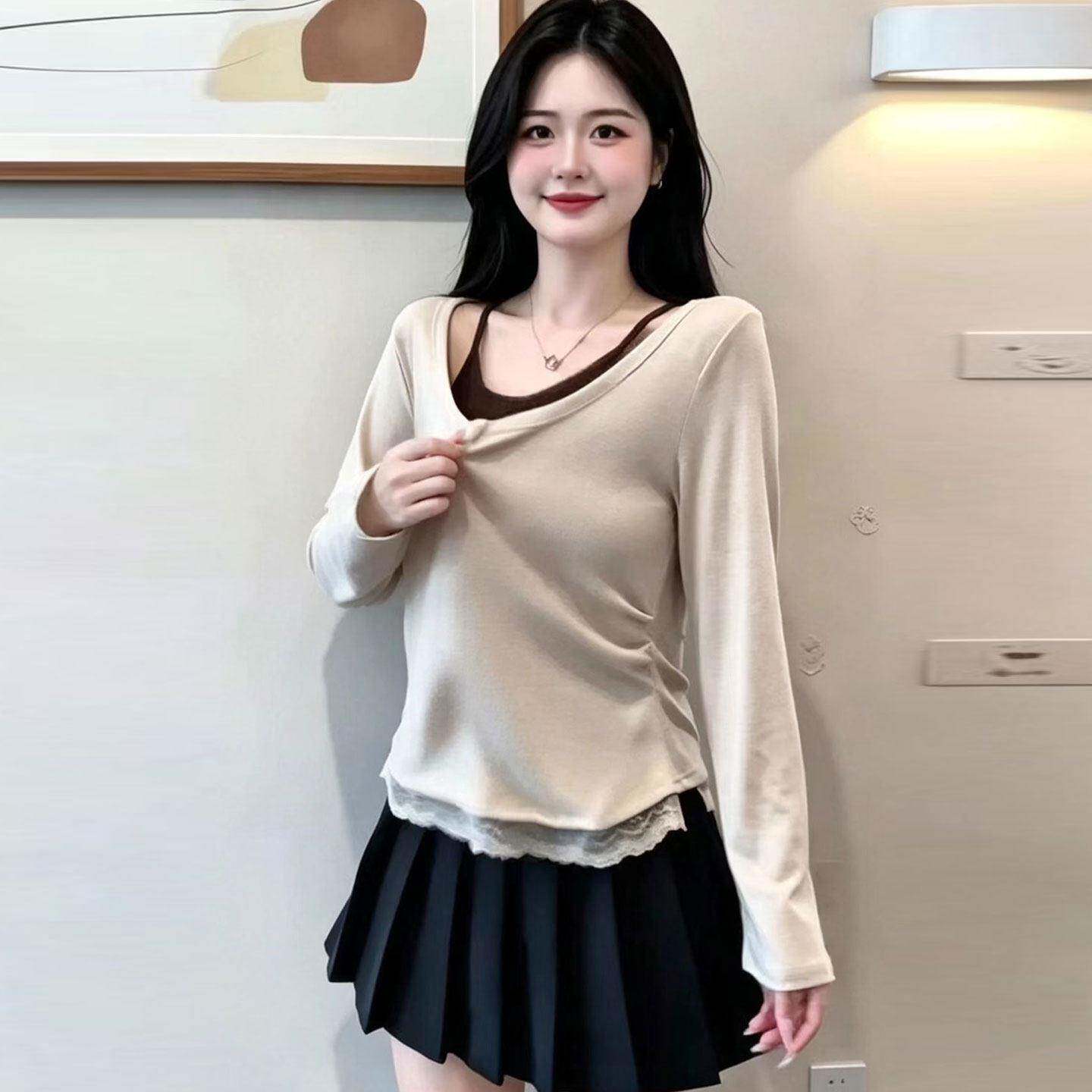 新品大码慵懒风假两件撞色长袖T恤女区级胖mm显瘦蕾丝拼接上衣松