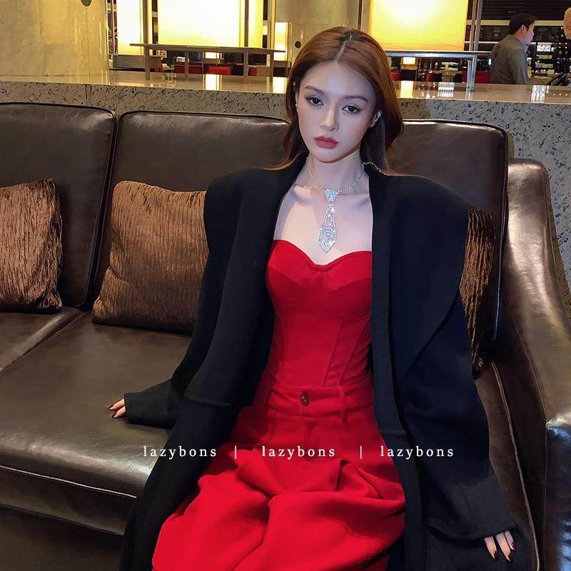 极速气质名媛套装女超飒轻奢风重工鱼骨抹胸上衣高腰显瘦阔腿裤两