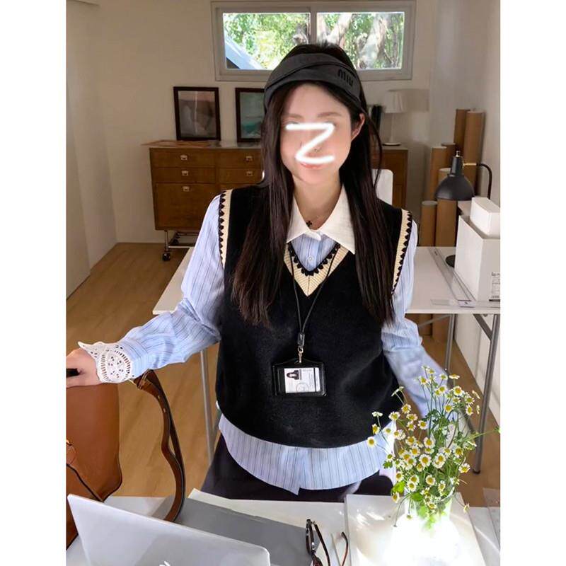 新品韩系学院风黑白撞色v领马甲背心女秋冬季高级感叠穿毛衣针织