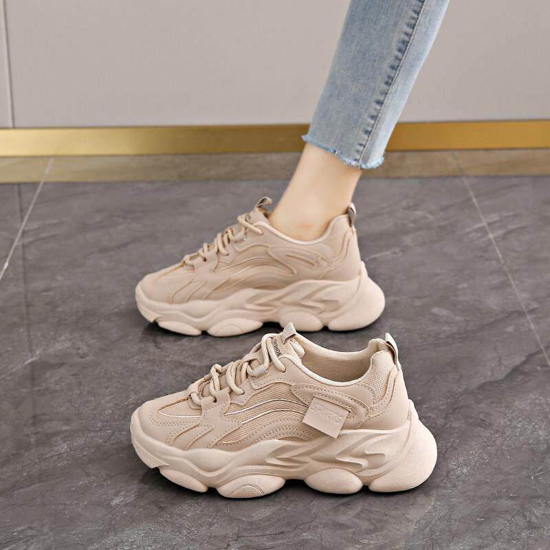 新品黑色厚底老爹鞋女款春季皮面小个子增高轻便软底跑步休闲运动