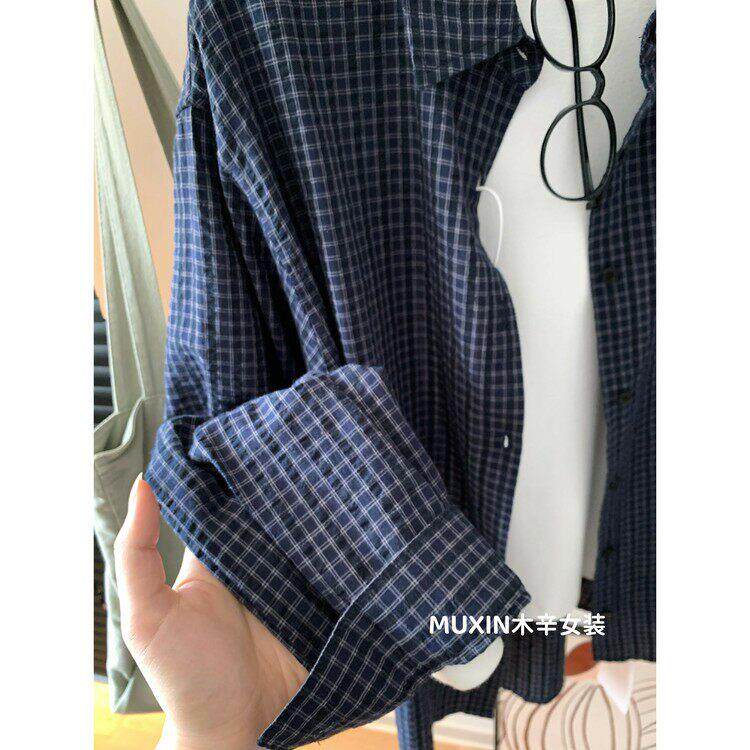 新品泡泡纯棉小格子复古宽松休闲秋季新款女式百搭叠穿外套韩版女