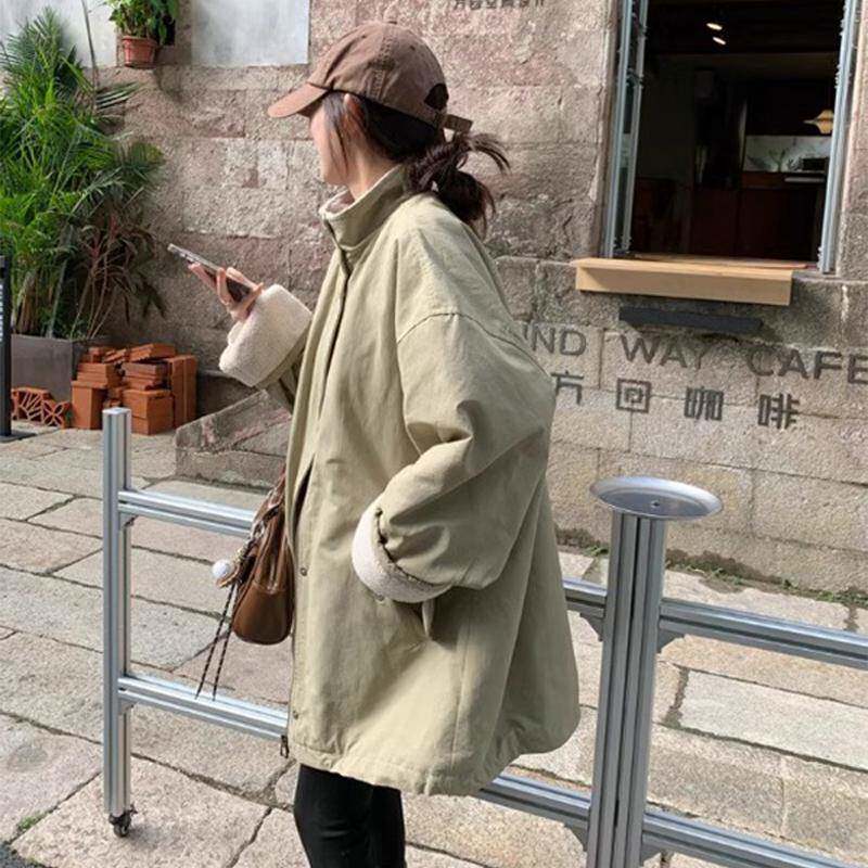新品韩系复古立领中长款棉服外套女春季新款时尚宽松休闲百搭显瘦