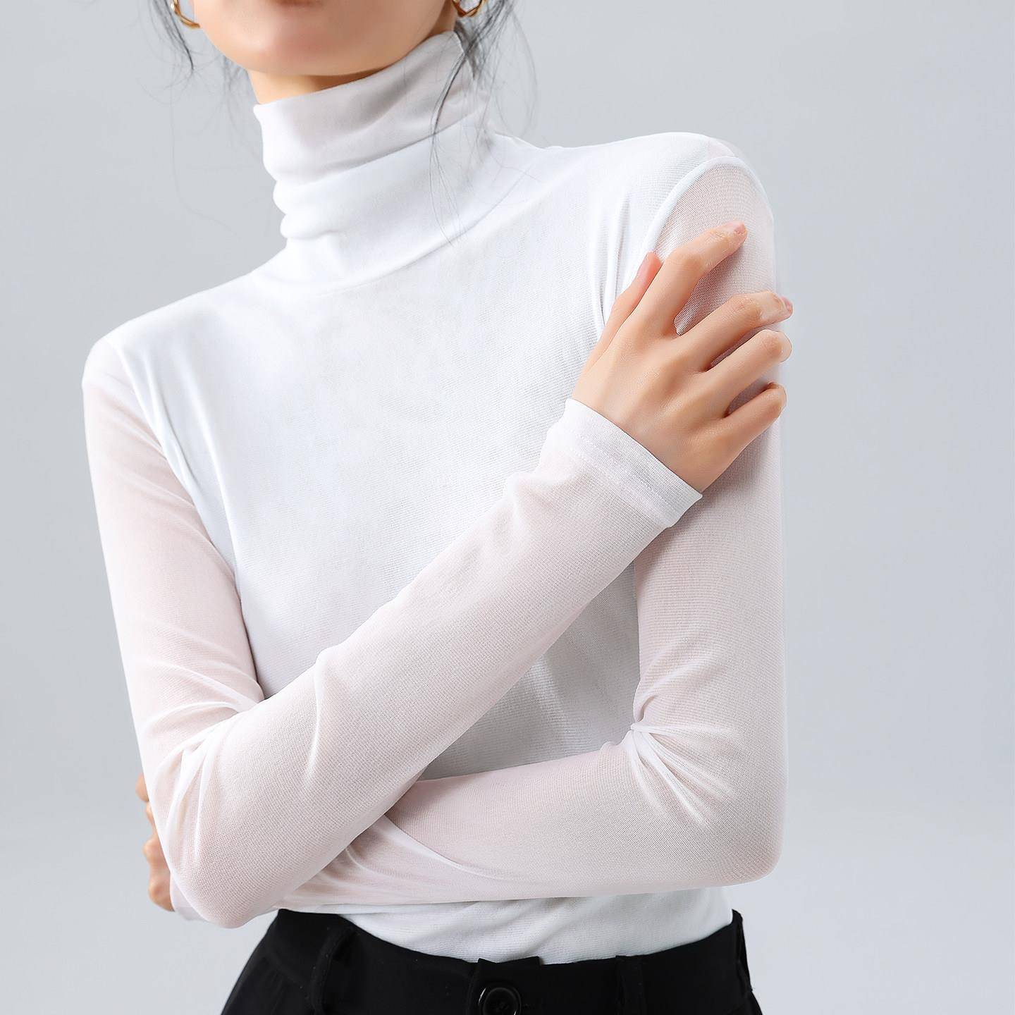 新品黑色双层网纱打底衫女秋季内搭外穿纱衣小衫弹力修身气质长袖