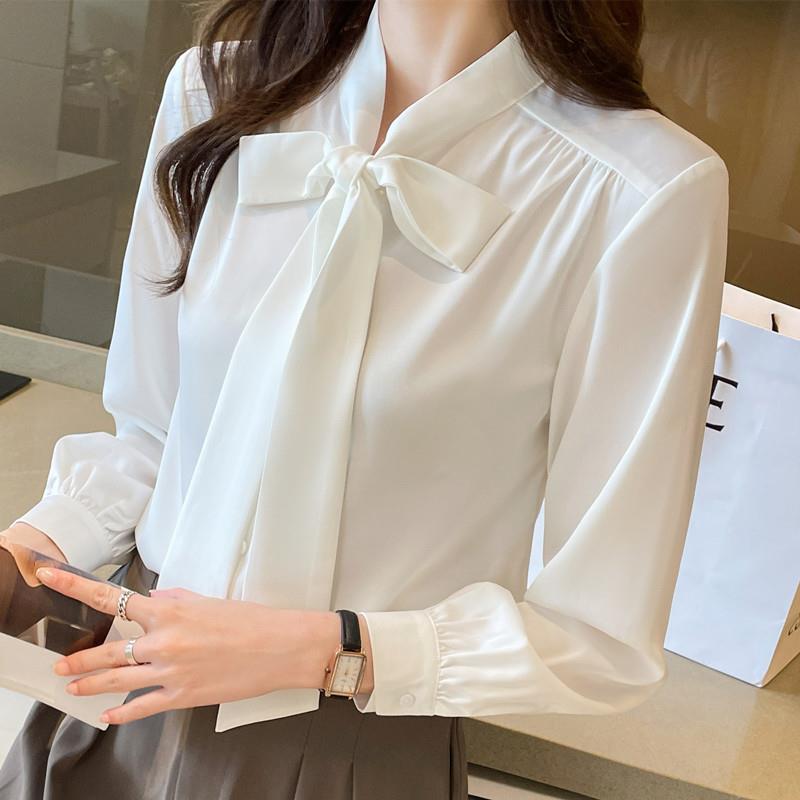 新品蓝色蝴蝶结长袖职业缎