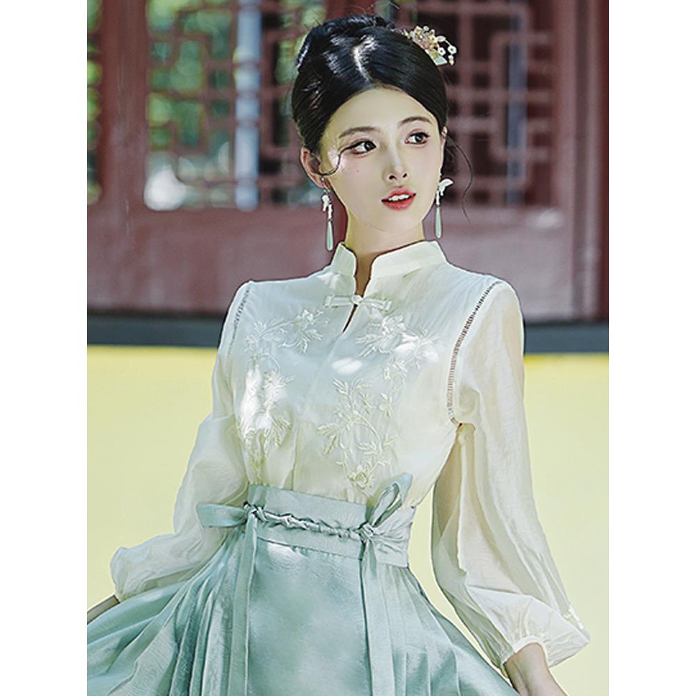 新品马面裙搭配上衣女2026新款秋季汉元素刺绣衬衣新中式国风雪纺图片