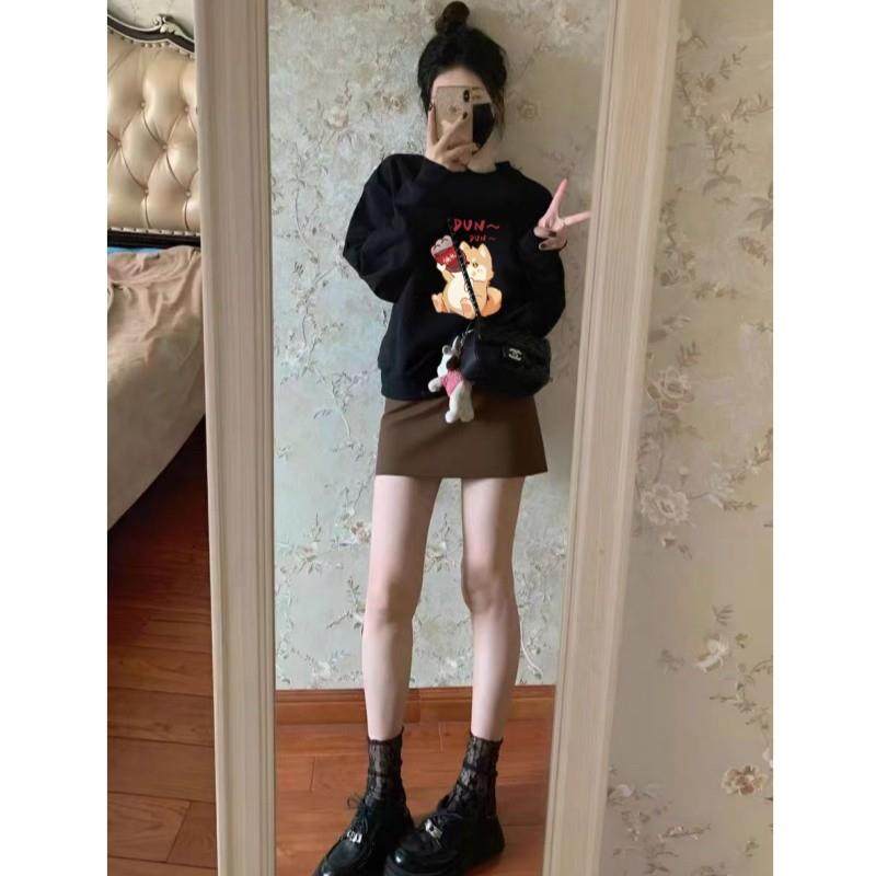 新品美式黑色圆领长袖无帽卫衣女款2025新款秋季宽松显瘦短款时尚