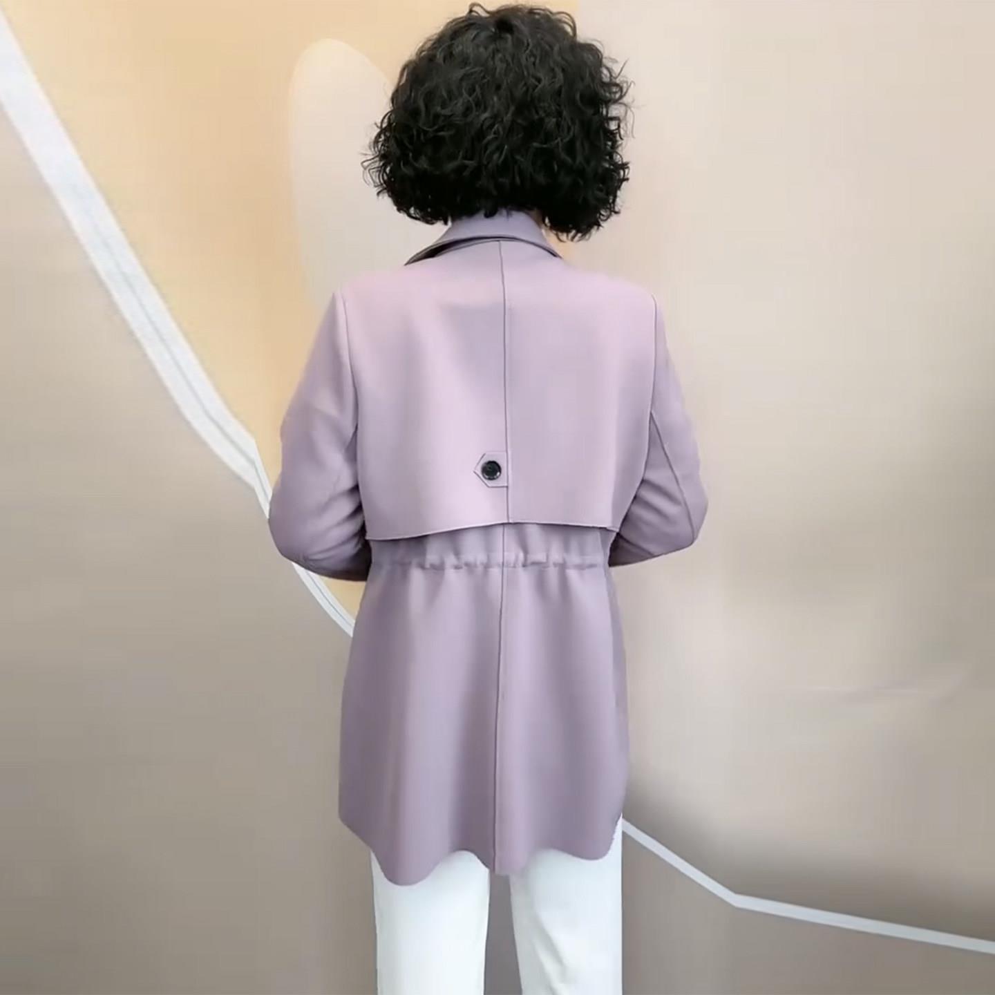 新品洋气妈妈秋季新款风衣高品质西服领双排扣中长款抽绳显瘦大码