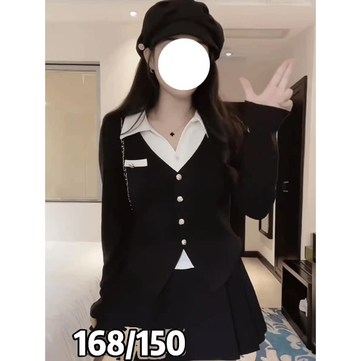新品大码黑色POLO领长袖T恤女秋季胖mm显瘦假两件百搭时尚设计感