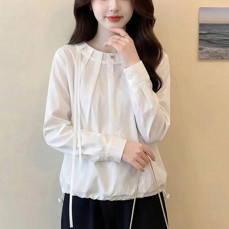 新品白色圆领长袖衬衫女2026早秋季新款褶皱设计感抽绳松紧腰小众