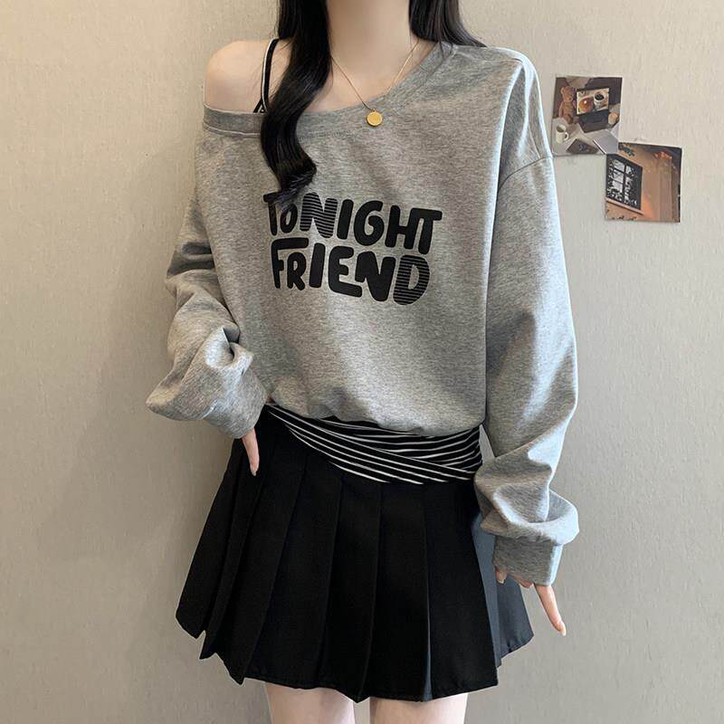 新品大码甜美露肩吊带印花长袖条纹假两件卫衣女秋季胖MM宽松显瘦