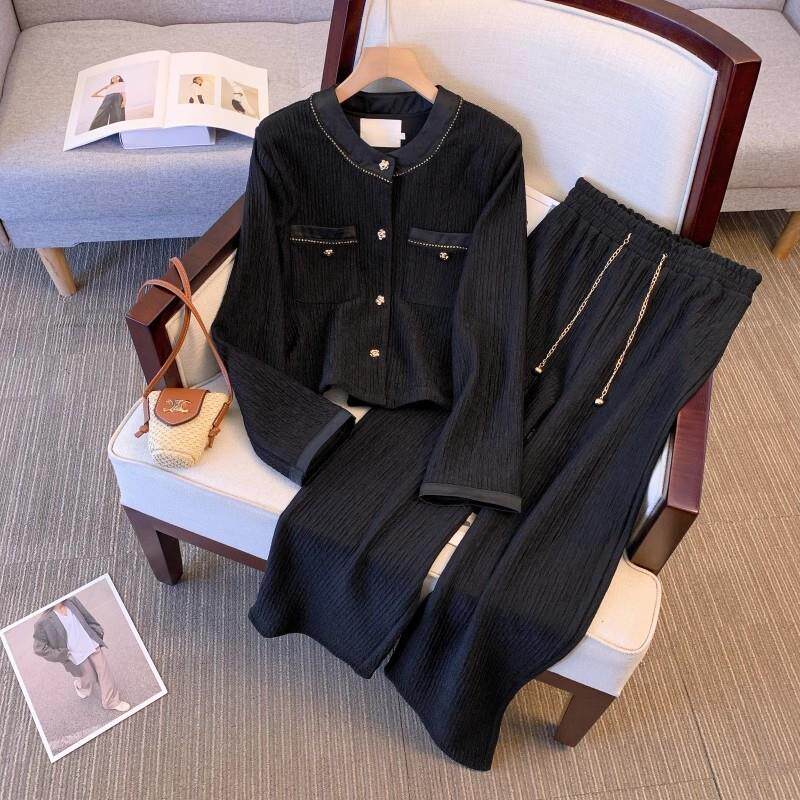 新品2025秋季搭配一整套大码女装胖mm小香风气质外套遮肉阔腿裤两