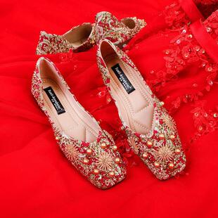 新品新中式婚鞋女秀禾服龙凤褂红色平底新娘鞋孕妇平跟不累脚大码