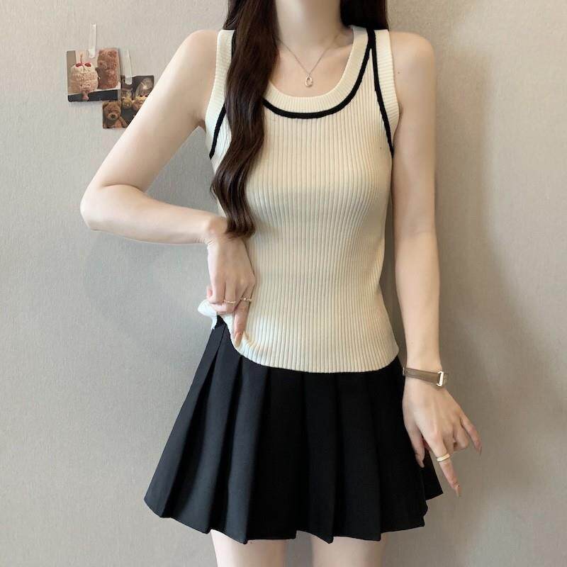 新品撞色U领针织吊带背心女2025秋冬大码胖mm显瘦内搭无袖打底衫