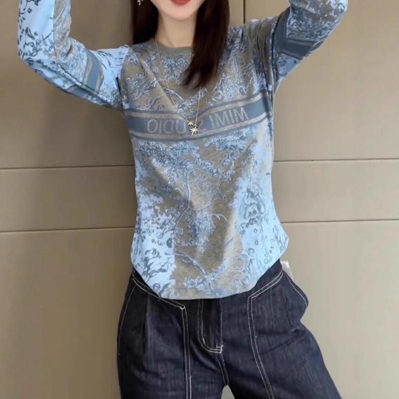 新品复古印花长袖T恤女2026秋季大码胖mm宽松显瘦圆领修身打底衫