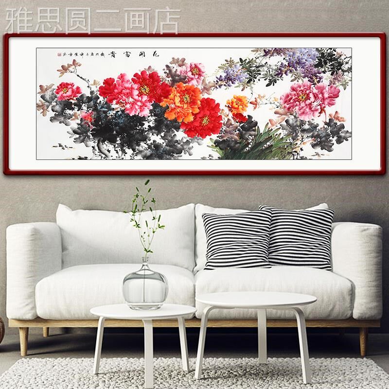 网红手绘牡丹国沙画厅装饰画发客背C景墙壁画花开富贵现代中式挂