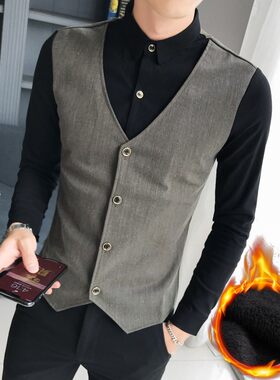 发型师夜场KTV工作服马甲男美发师技师服装假Q两件加绒厚长袖衬衫