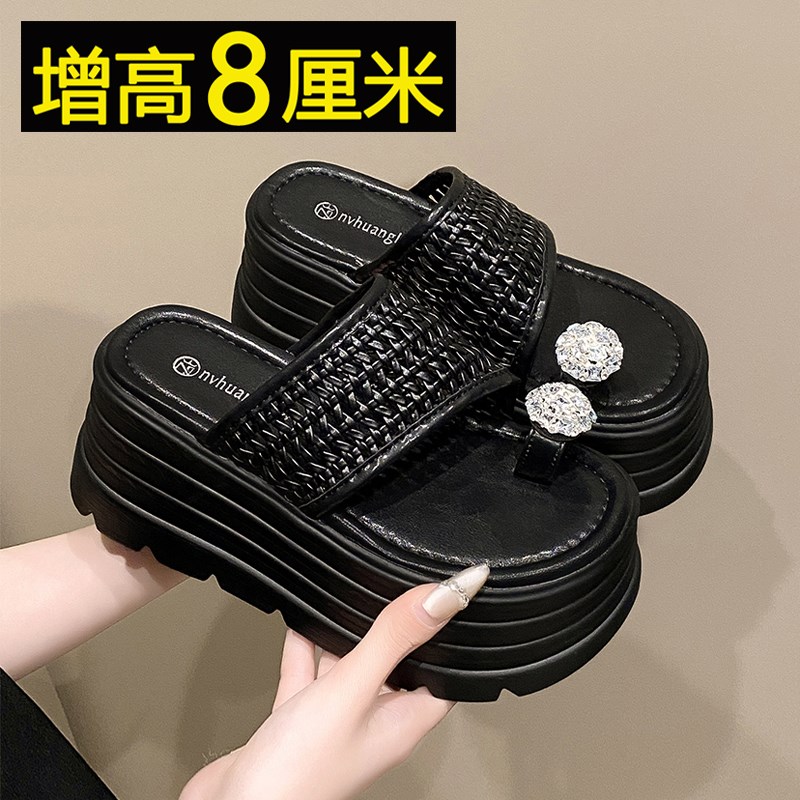8cm厚底水钻套趾拖鞋女夏外穿20B25新款编织镂空一字拖夹脚凉拖鞋