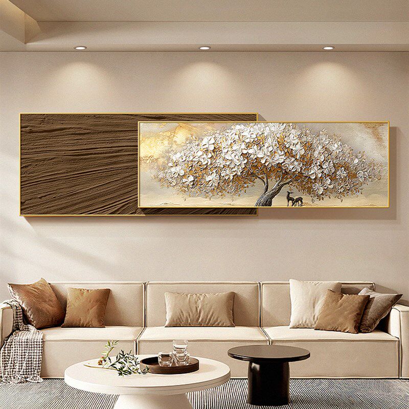 奶油风发财树客厅装饰画抽象肌理叠加挂画高级感鹿沙X发背景墙壁