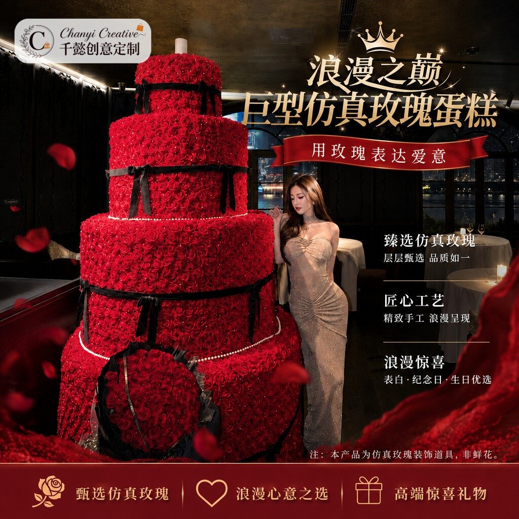 法式复古巨型仿真玫瑰蛋糕模型