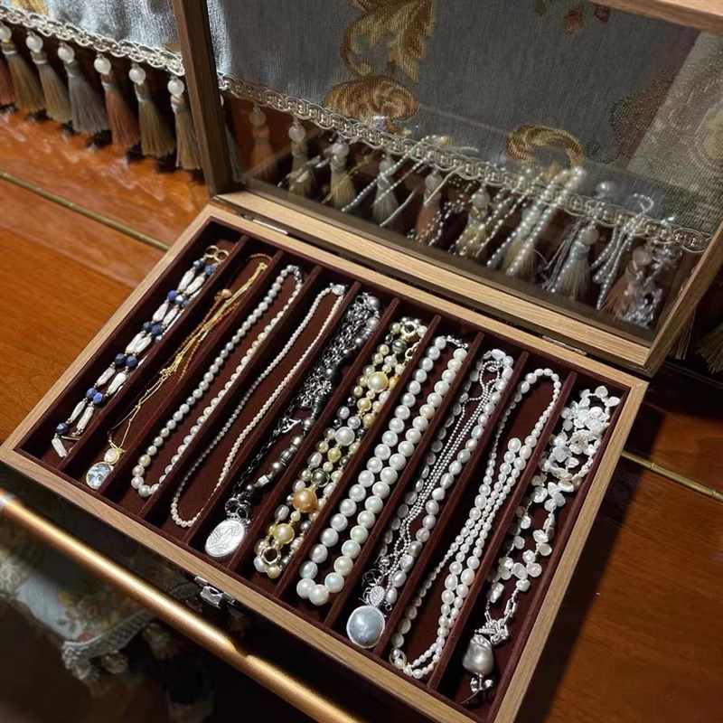放珍珠项链收纳盒带盖玻璃防尘长手链珠子饰品粗颈链看货盘首饰盒