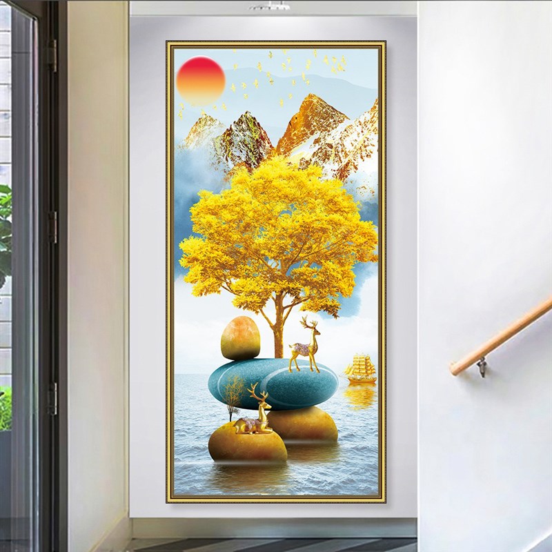 轻奢麋鹿玄关装饰画新中式自粘入户门房门墙画楼梯过道墙贴纸挂画图片