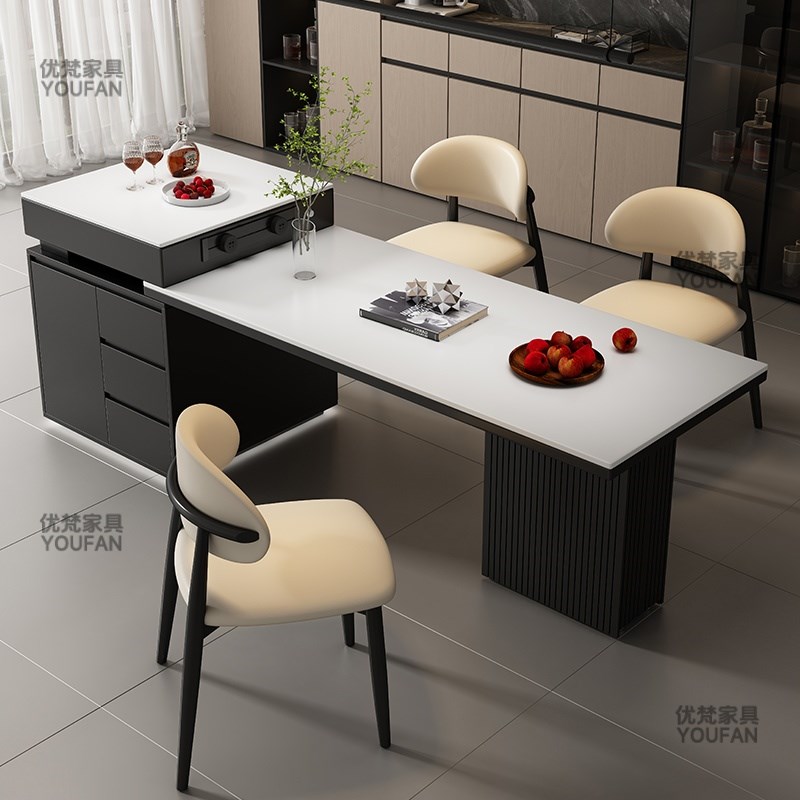 政府补贴中古风岩板实木岛台餐桌一体家用可伸缩中导台茶台桌