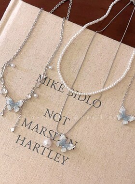 蓝色水晶蝴蝶双层珍珠项链女款清冷感叠戴锁骨链轻奢小众精致颈链