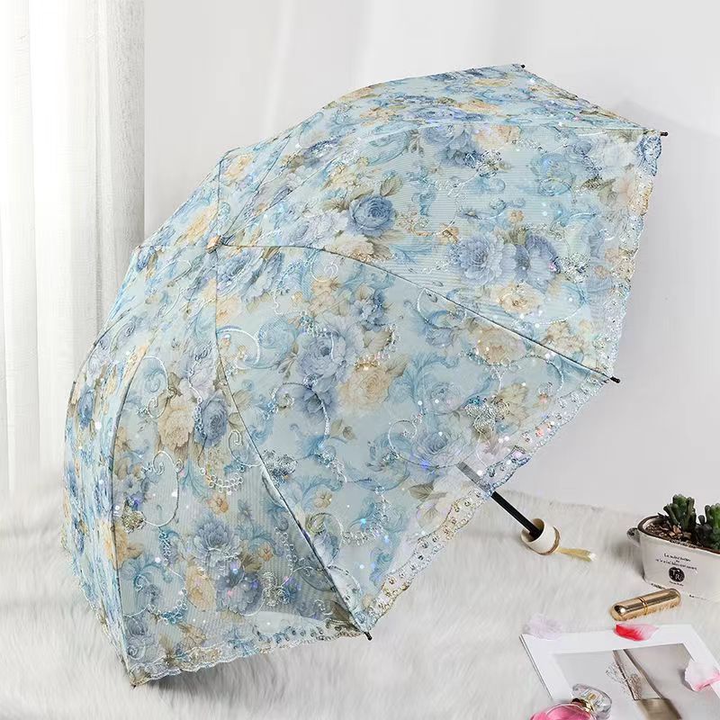 双层蕾丝刺绣太阳伞加厚防晒防紫外线两用黑胶晴雨伞自动折叠伞女